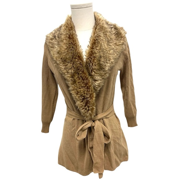 The Limited Y2k 90s Brown Faux Fur Collar Cardigan Tie Waist Sweater SMALL - Picture 2 of 11